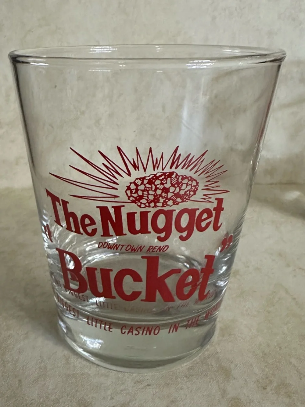 2 Vintage The Nugget Bucket Reno Casino Cocktail Bar Glasses Red Lettering 4.5”